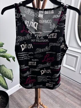Retro Black Graphic Word Tank with Pink Accents